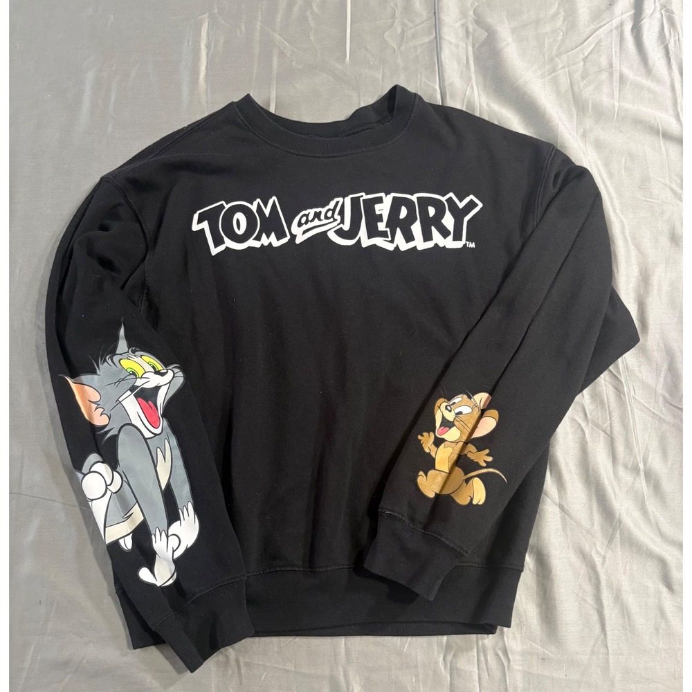 Tom and Jerry Graphic Sweatshirt Black Crewneck Sleeve Print Mens Medium